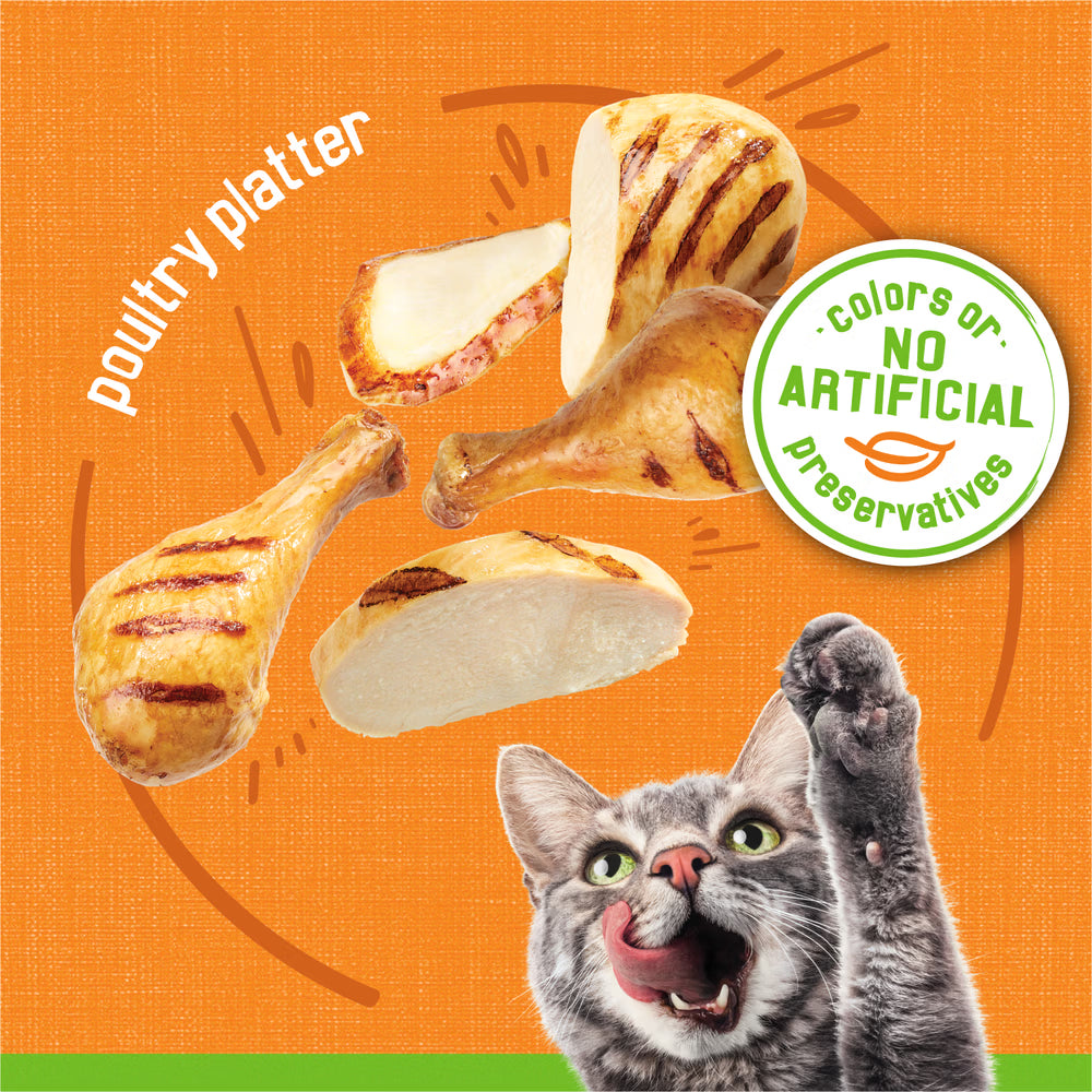 Cat reaching for poultry platter with 'colors are no artificial preservatives' label on orange background