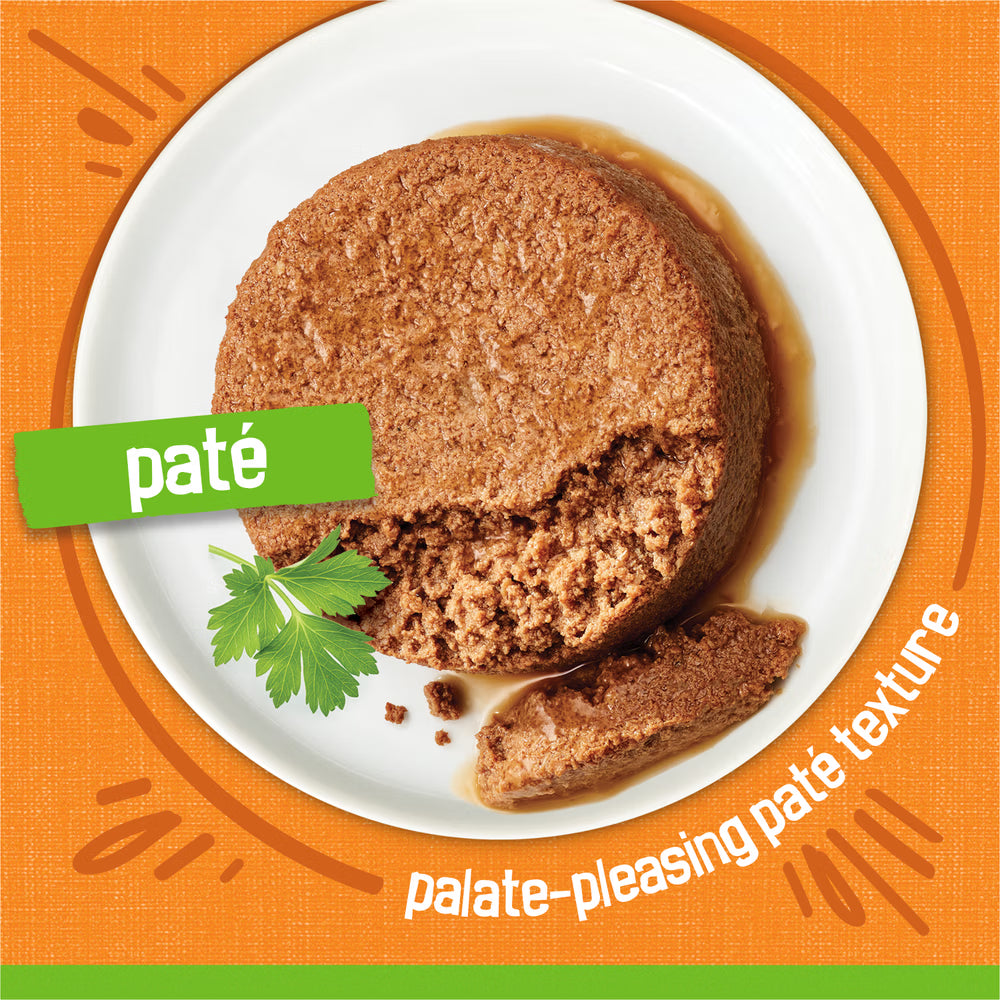 Pate on a white plate with an orange border and text about pate texture.