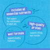 Text on a blue background about cat food ingredients and benefits
