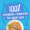 Cat food on a white plate with text '100% complete + balanced for adult cats' on a blue background
