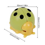 Measurement chart of a green ladybug-shaped object with black spots on a light green background