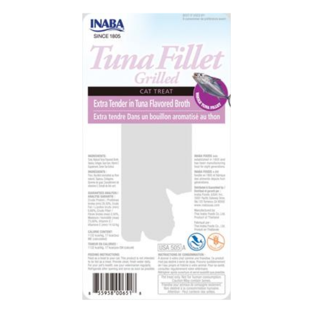 Cat treat packaging with tuna fillet branding and product details.