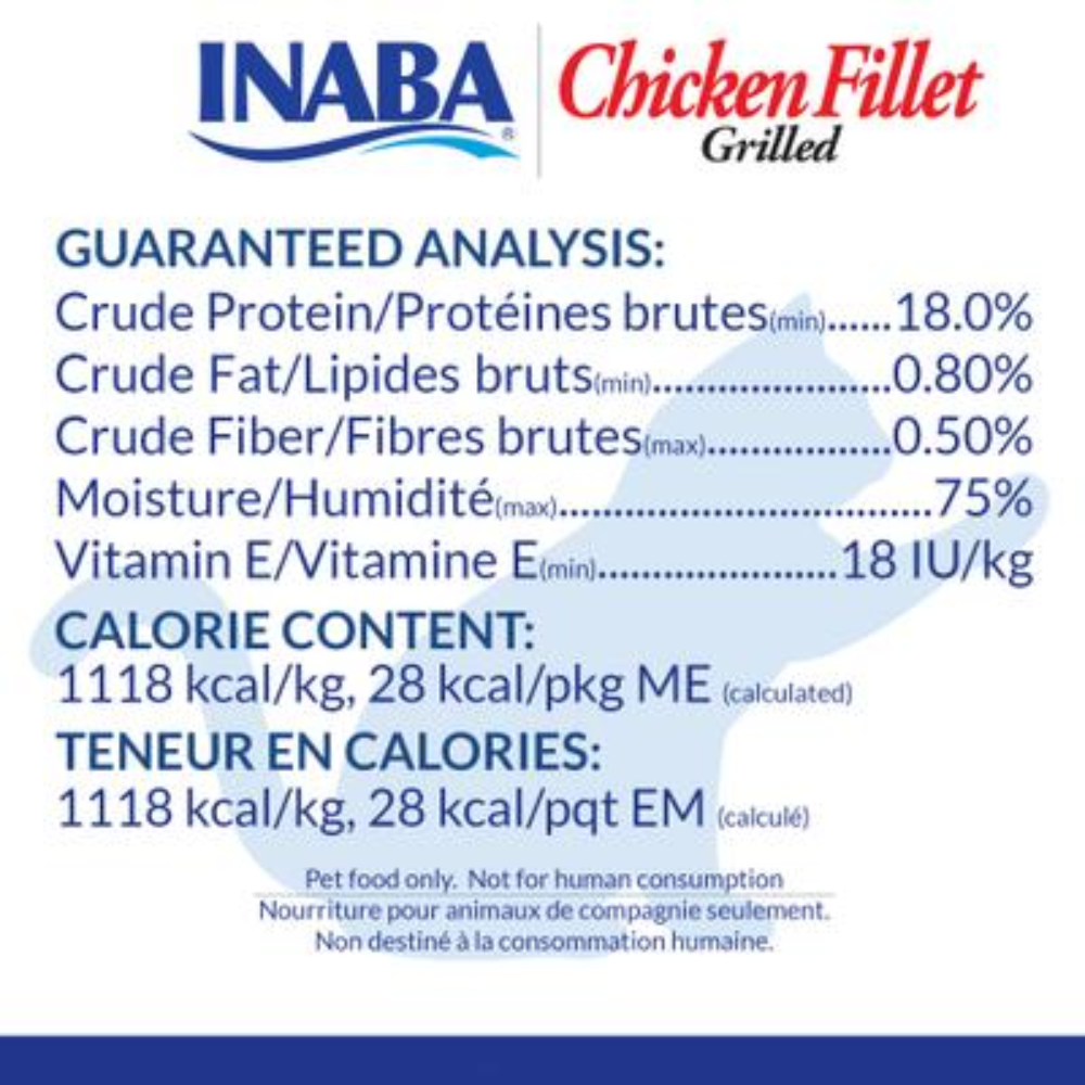 INABA Chicken Fillet Grilled label with guaranteed analysis and calorie content details.