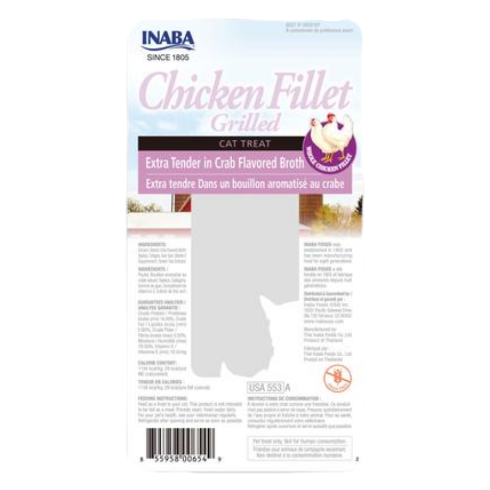 INABA chicken fillet cat treat package with branding and product details.