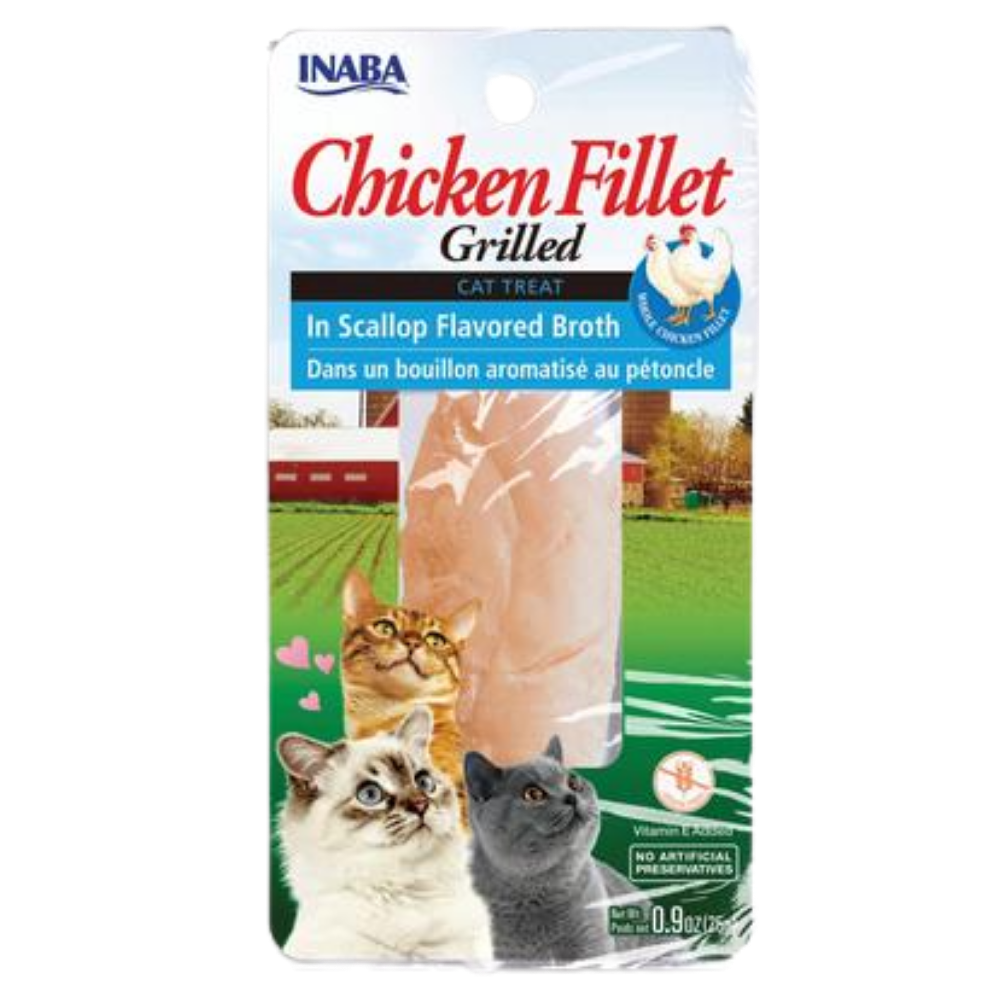 Inaba Chicken Fillet Grilled cat treat package with cats on a grassy background