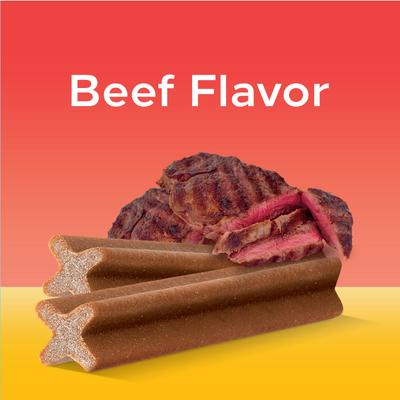 Dog treats with beef flavor text on a red and yellow background