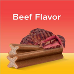 Dog treats with beef flavor text on a red and yellow background