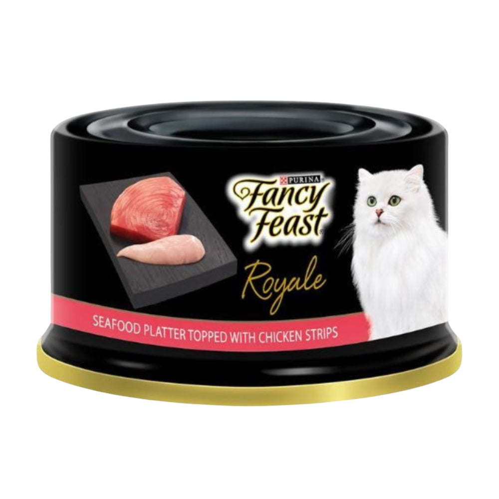 Can of Fancy Feast Royale cat food on a white background