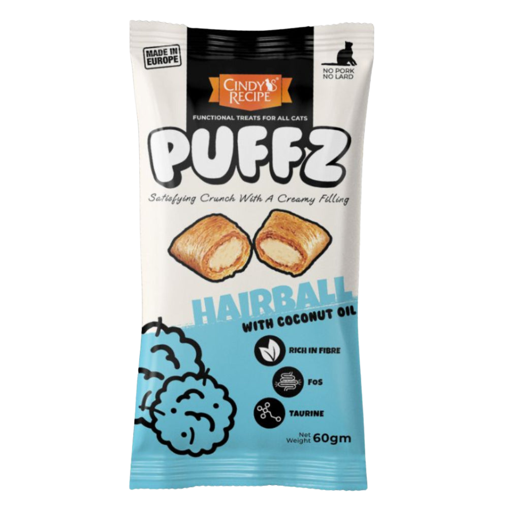 Package of PUFFZ Hairball treats with coconut oil on a white background