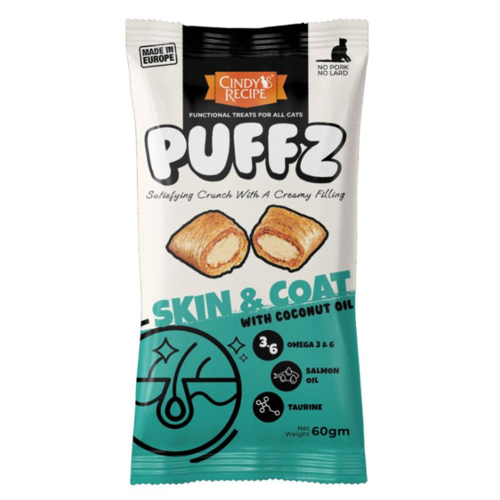Puffz pet treat package with branding and product details on a white background