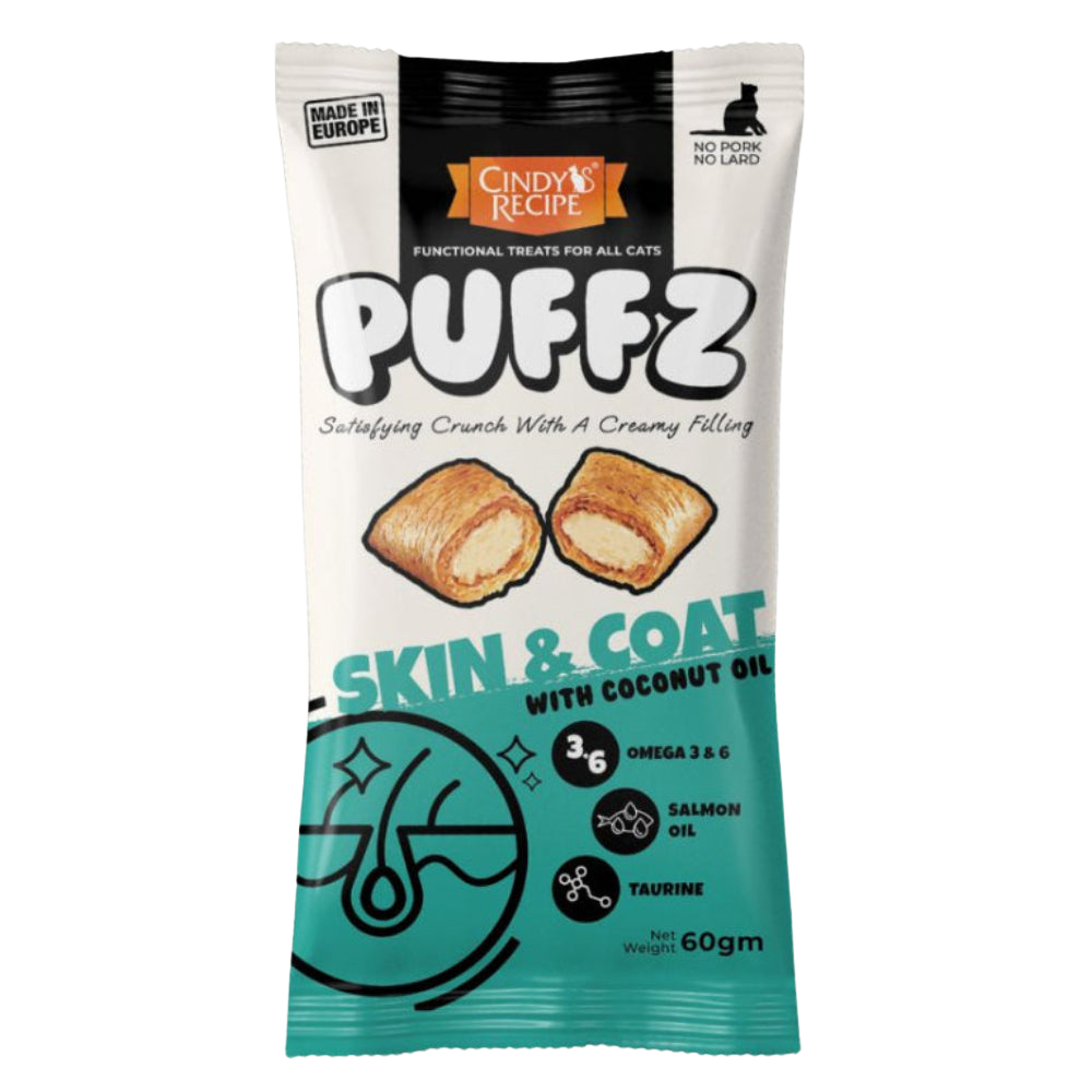 Puffz pet treat package with branding and product details on a white background