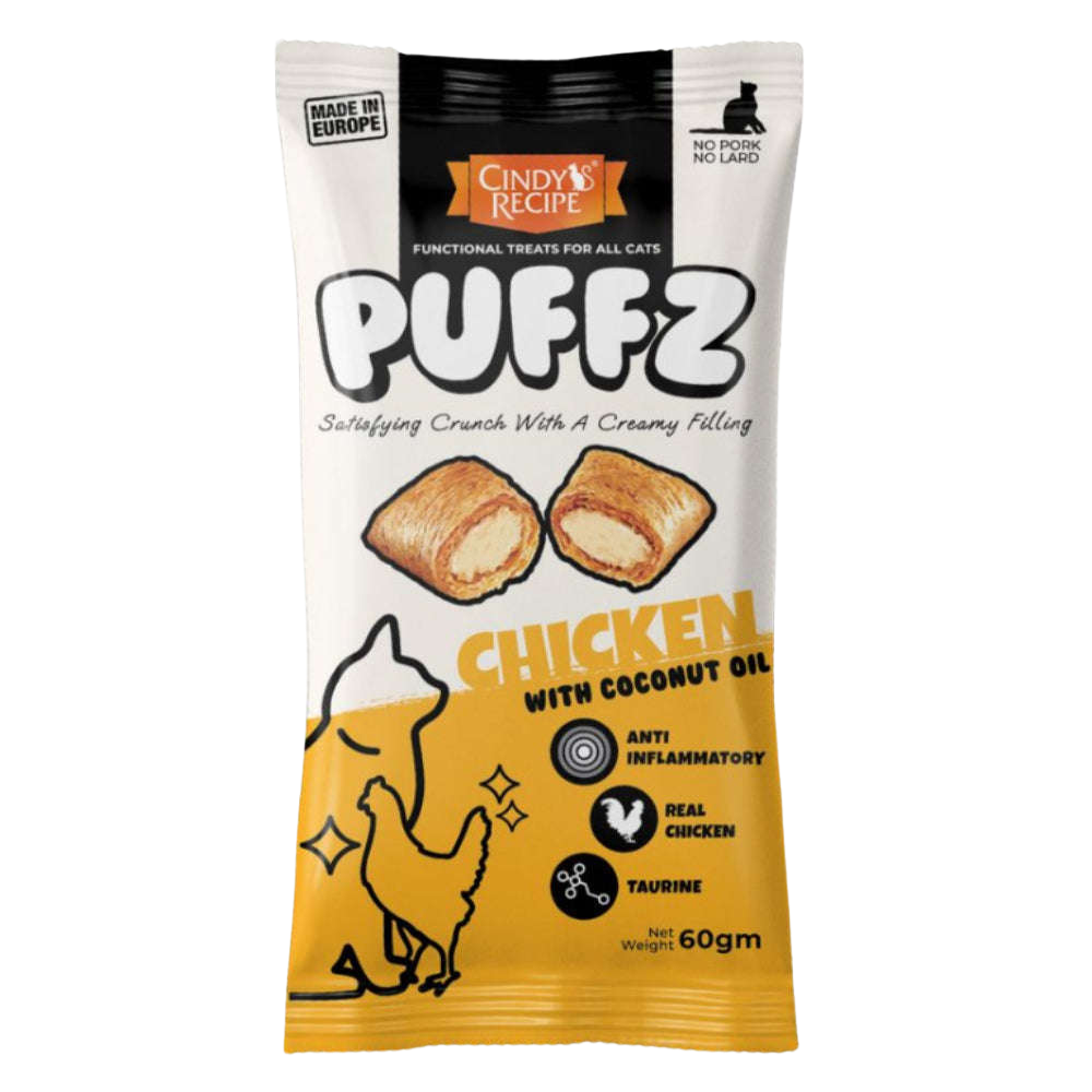 Puffz chicken with coconut oil cat treat packaging on a white background