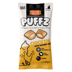 Puffz chicken with coconut oil cat treat packaging on a white background
