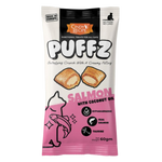 Package of Puffz Salmon with Coconut Oil cat treat on a white background