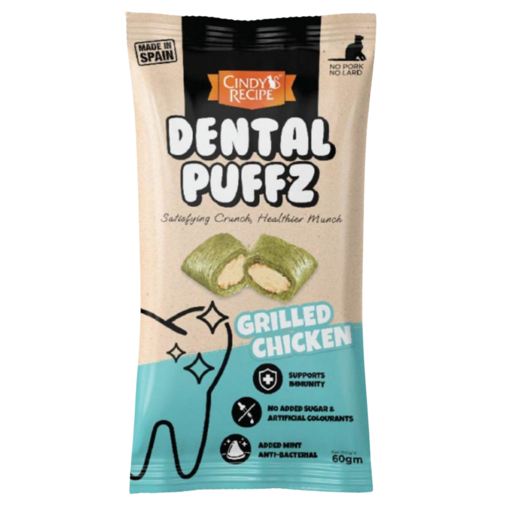 Package of Cindy's Recipe Dental Puffz for dogs with grilled chicken flavor on a white background