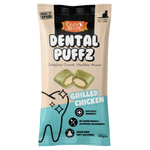 Package of Cindy's Recipe Dental Puffz for dogs with grilled chicken flavor on a white background