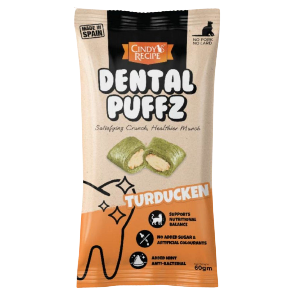 Package of Dental Puffz Turducken treats for pets on a white background