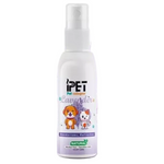 iPet lavender pet cologne bottle on a light purple background with floral designs.