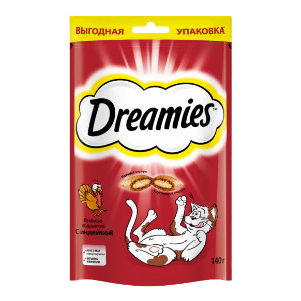 Dreamies cat treat package with a red background and white text