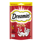 Dreamies cat treat package with a red background and white text