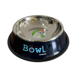 Dog bowl with black base and silver interior on a white background