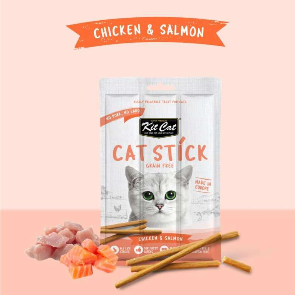 Kit Cat Cat Stick packaging with chicken and salmon on a pink background