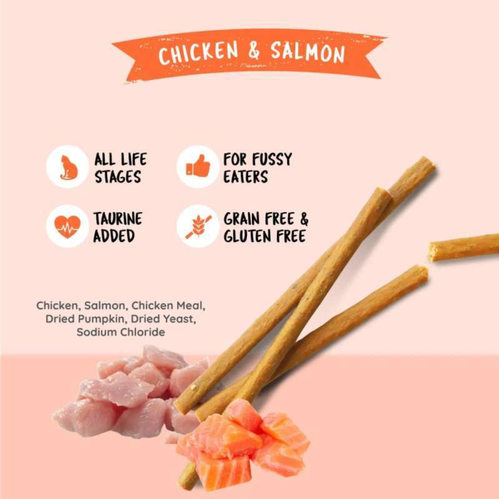 Dog treat sticks with chicken and salmon on a pink background, featuring text about the product's benefits.