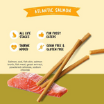 Atlantic salmon sticks with product features on a yellow background