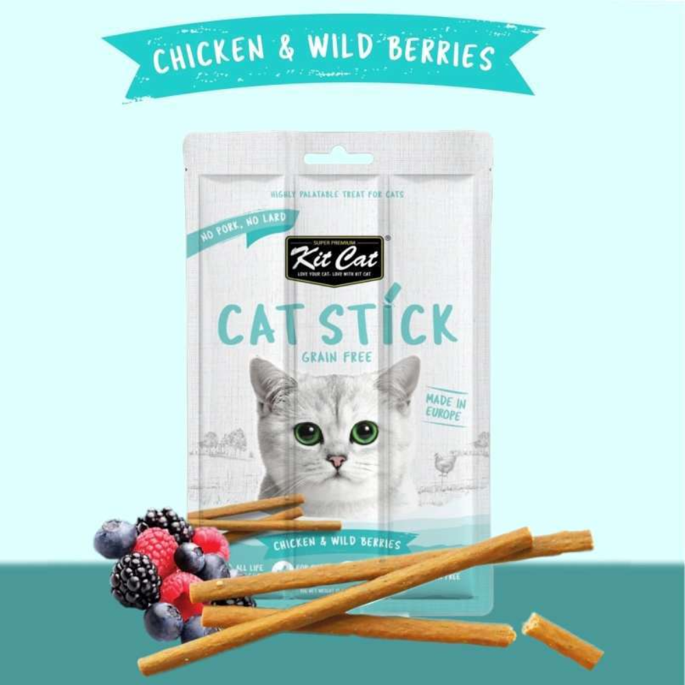 Kit Cat cat stick packaging with chicken and wild berries on a light blue background