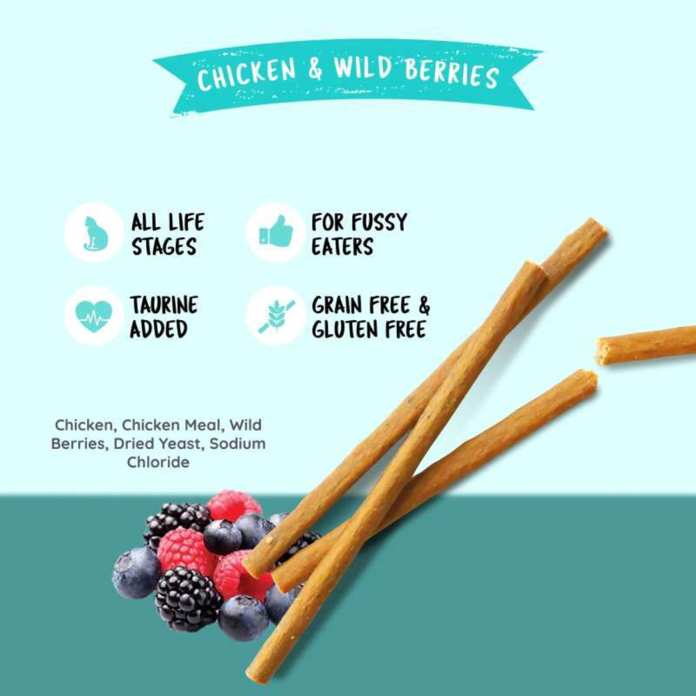 Dog treat sticks with berries on a light blue background, featuring text about product benefits.