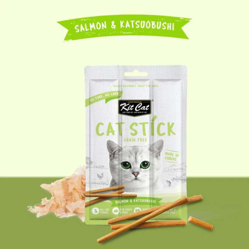 Kit Cat Cat Stick package with salmon and katsuobushi on a green background