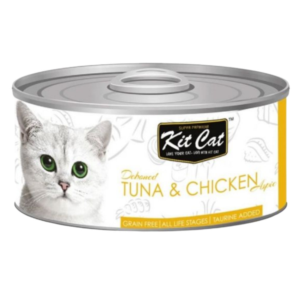 Can of Kit Cat cat food with a white cat on the label