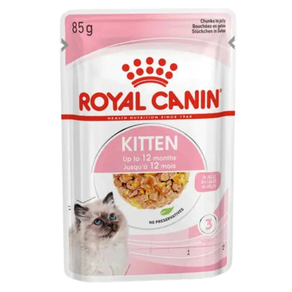 Royal Canin Kitten food pouch with a cat on the label