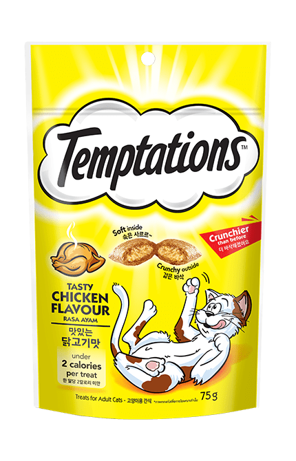 Temptations cat treat package with chicken flavor on a white background
