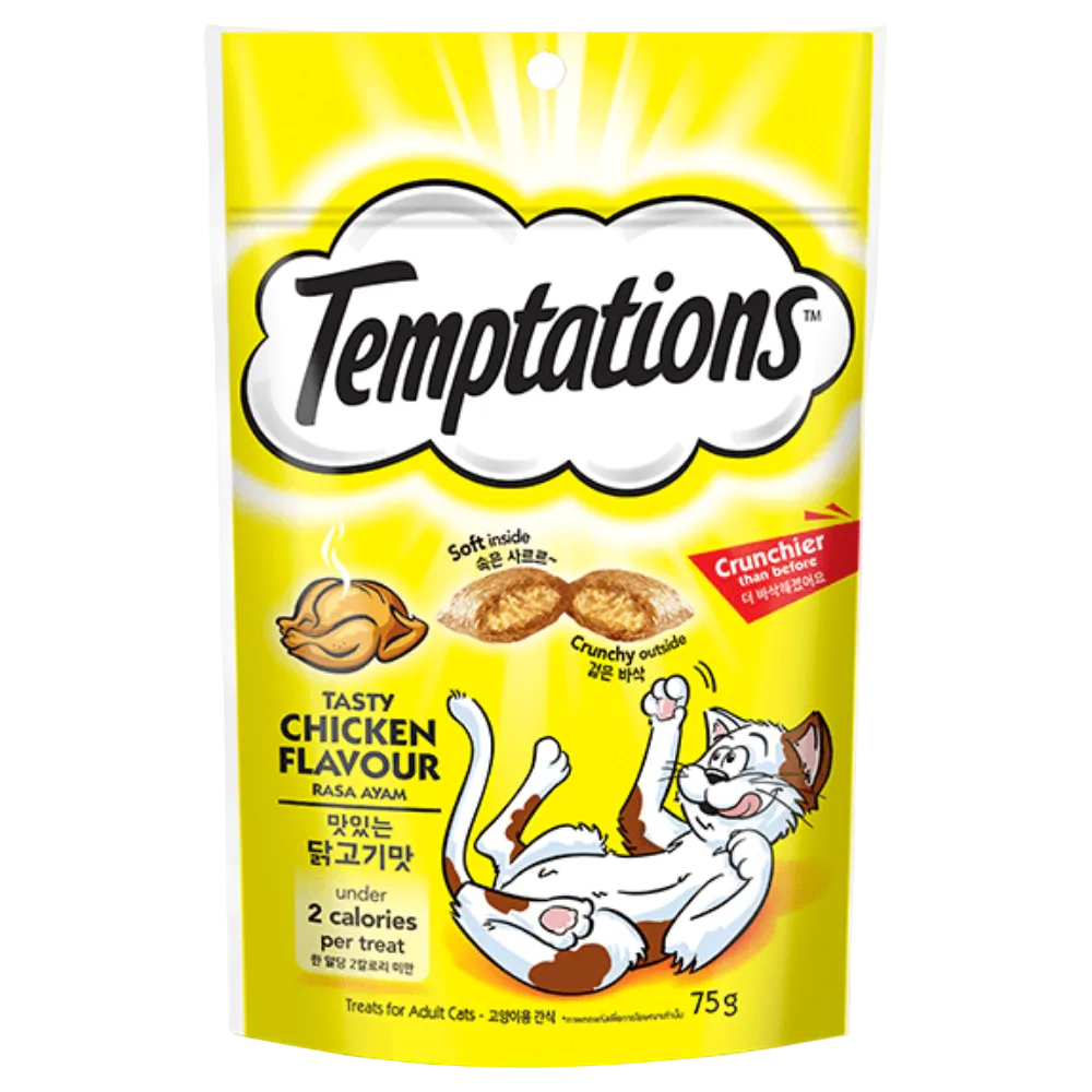 Temptations cat treat package with chicken flavor on a white background