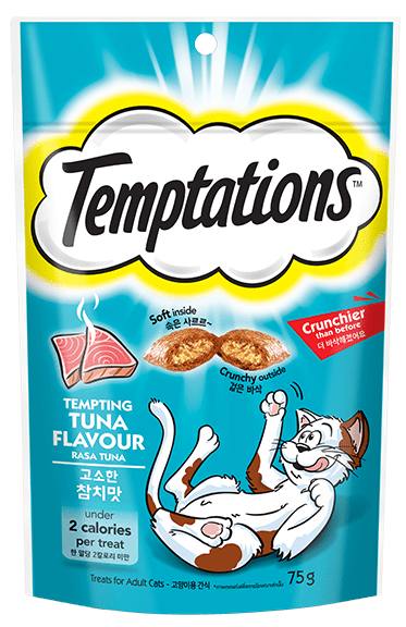 Temptations cat treat package with a blue background