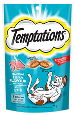 Temptations cat treat package with a blue background