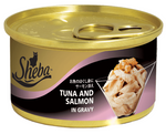 Can of Sheba tuna and salmon in gravy on a white background
