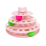 Pink three-tiered cat toy with a pink ball and green beads on a white background