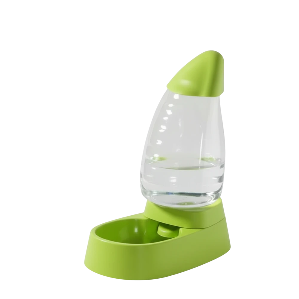 Green pet feeder with clear water container on a white background