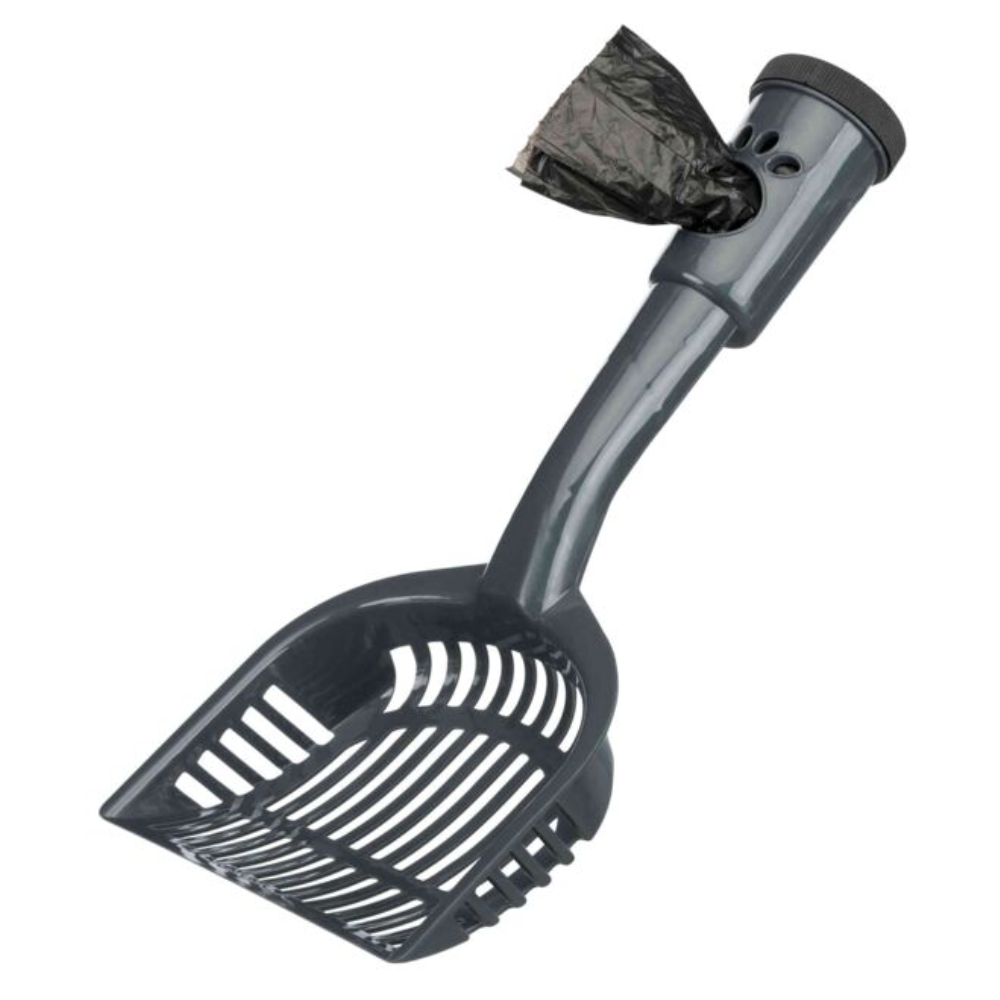 Black plastic scoop with a bag attachment on a white background