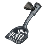 Black plastic scoop with a bag attachment on a white background