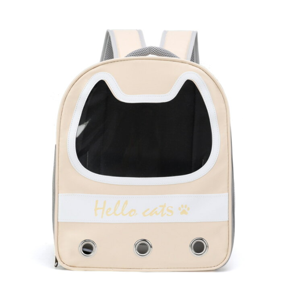 Pet carrier backpack with 'Hello cats' text on a white background