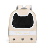 Pet carrier backpack with 'Hello cats' text on a white background