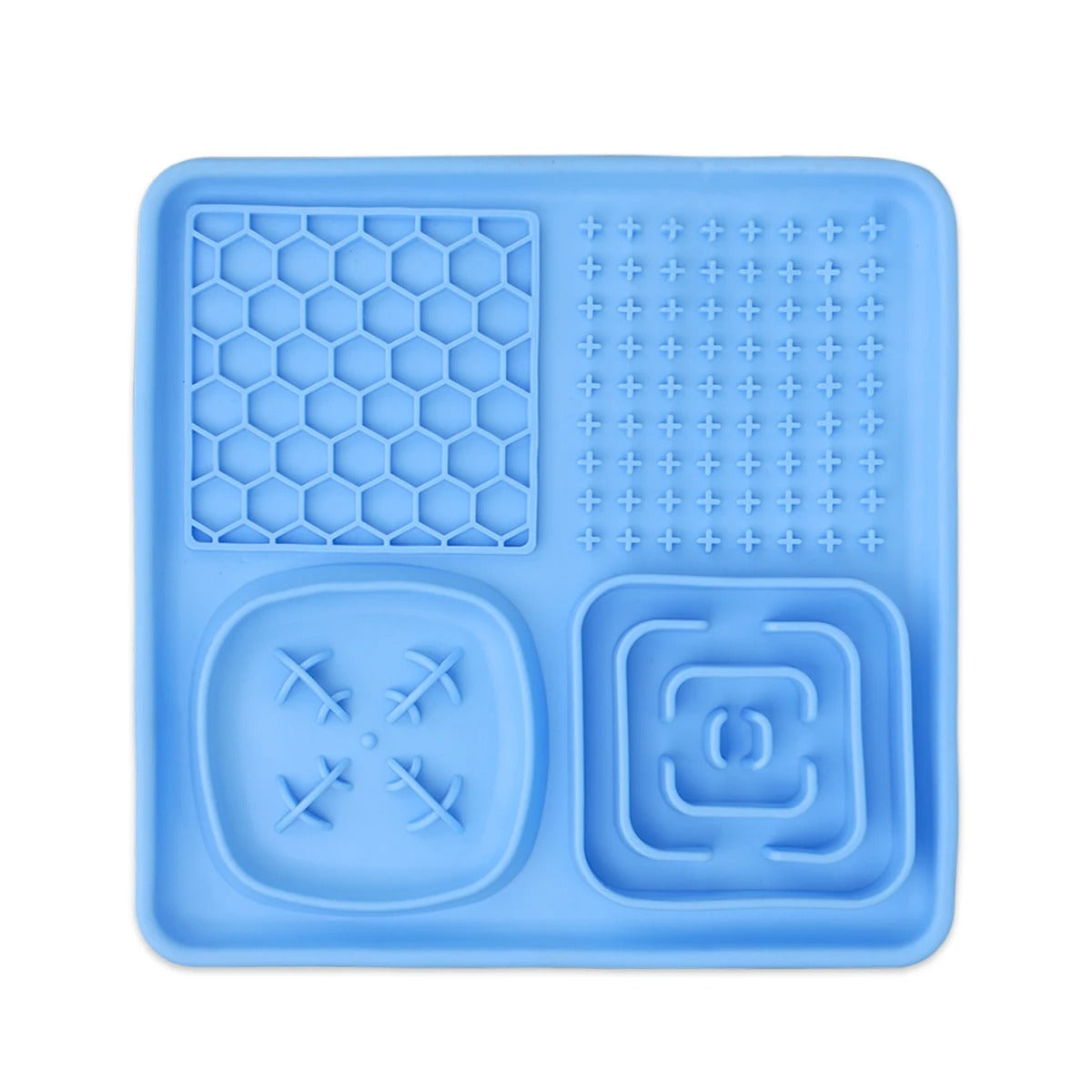 Blue silicone mold with various shapes on a white background