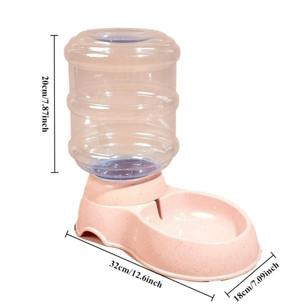 Pink pet water bottle with measurements on a white background