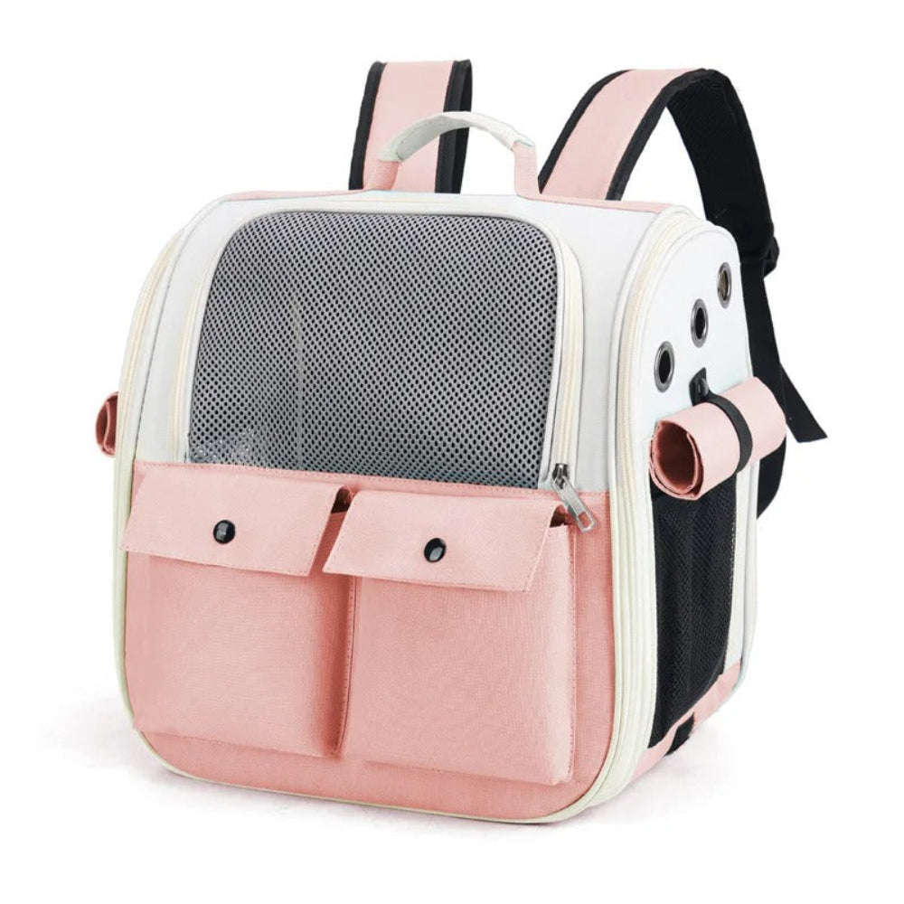 Pink and white pet carrier backpack on a white background