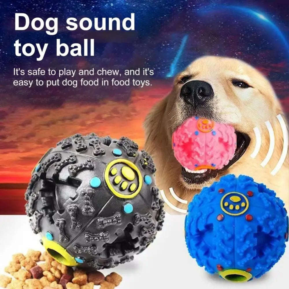 Dog sound toy ball with a dog chewing on it against a space-themed background