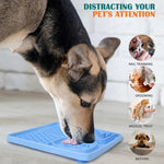 Dog interacting with a blue pet toy on a wooden floor, with images of pet care activities in the corner.