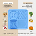 Blue silicone mat with different textured areas for pet feeding and licking.